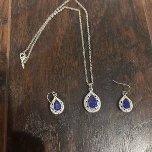 Silver Tone Teardrop Necklace & Earrings Set with Blue Stones